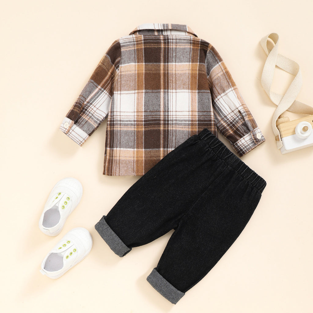 Boys' Plaid Shirt & Denim Pants 2pc Set
