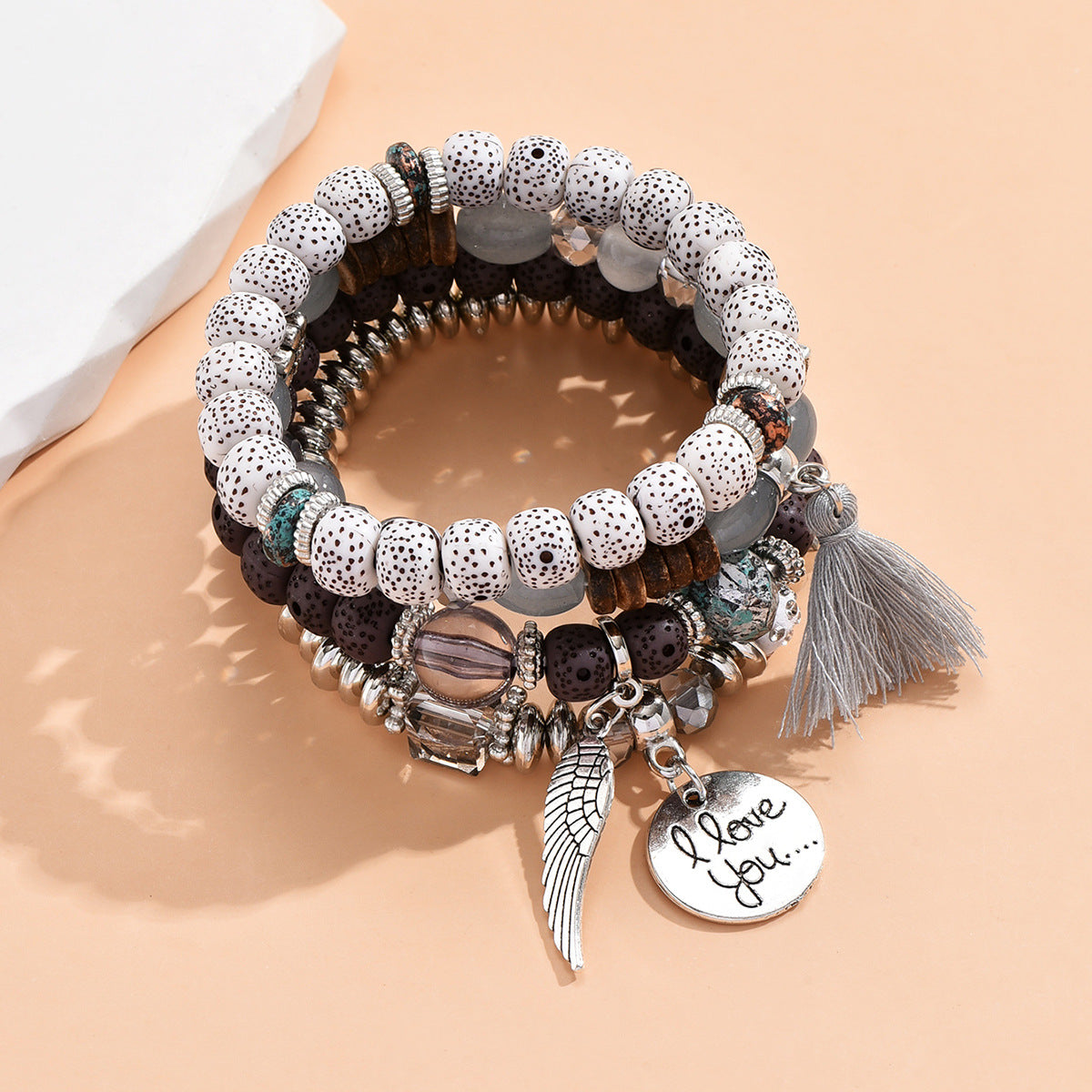 Multilayer Color-Block Turquoise Bracelet With Leaf Alloy Tassel 4-Piece Set