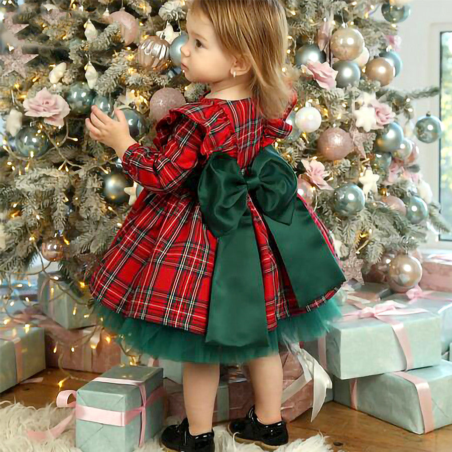 Girls' Children's Red Plaid Bow Christmas Dress