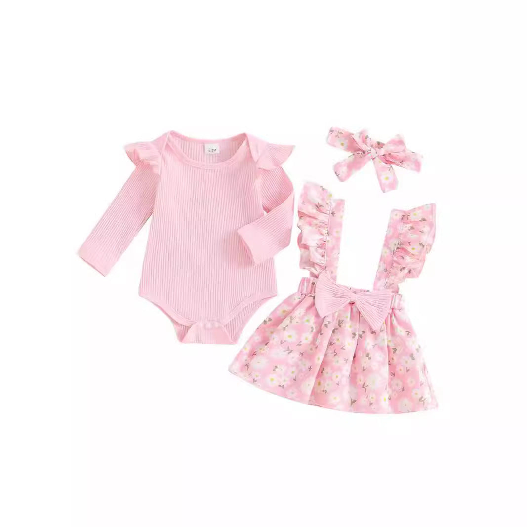 Baby Girl's Simple 3pc Onsie Bow Floral Suspender Skirt