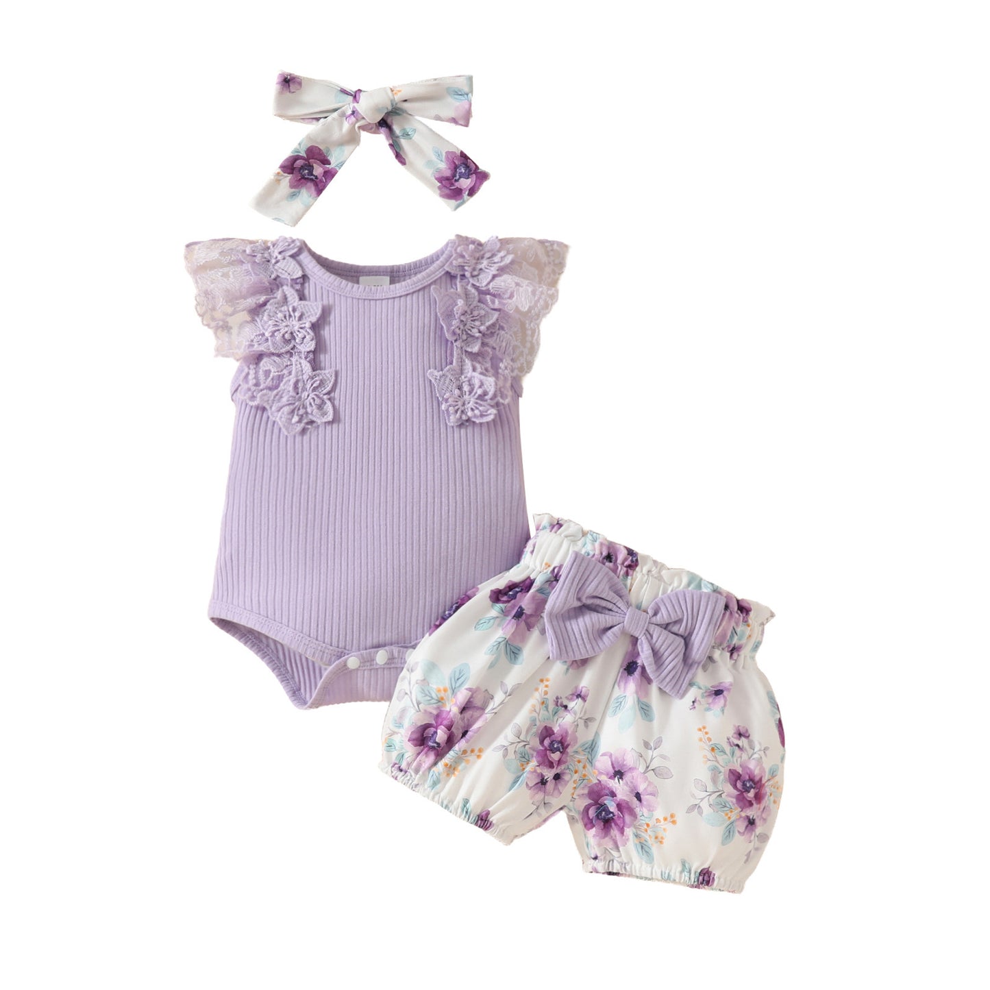 Children's Sleeveless Sunken Stripe Top Flower Shorts Suit