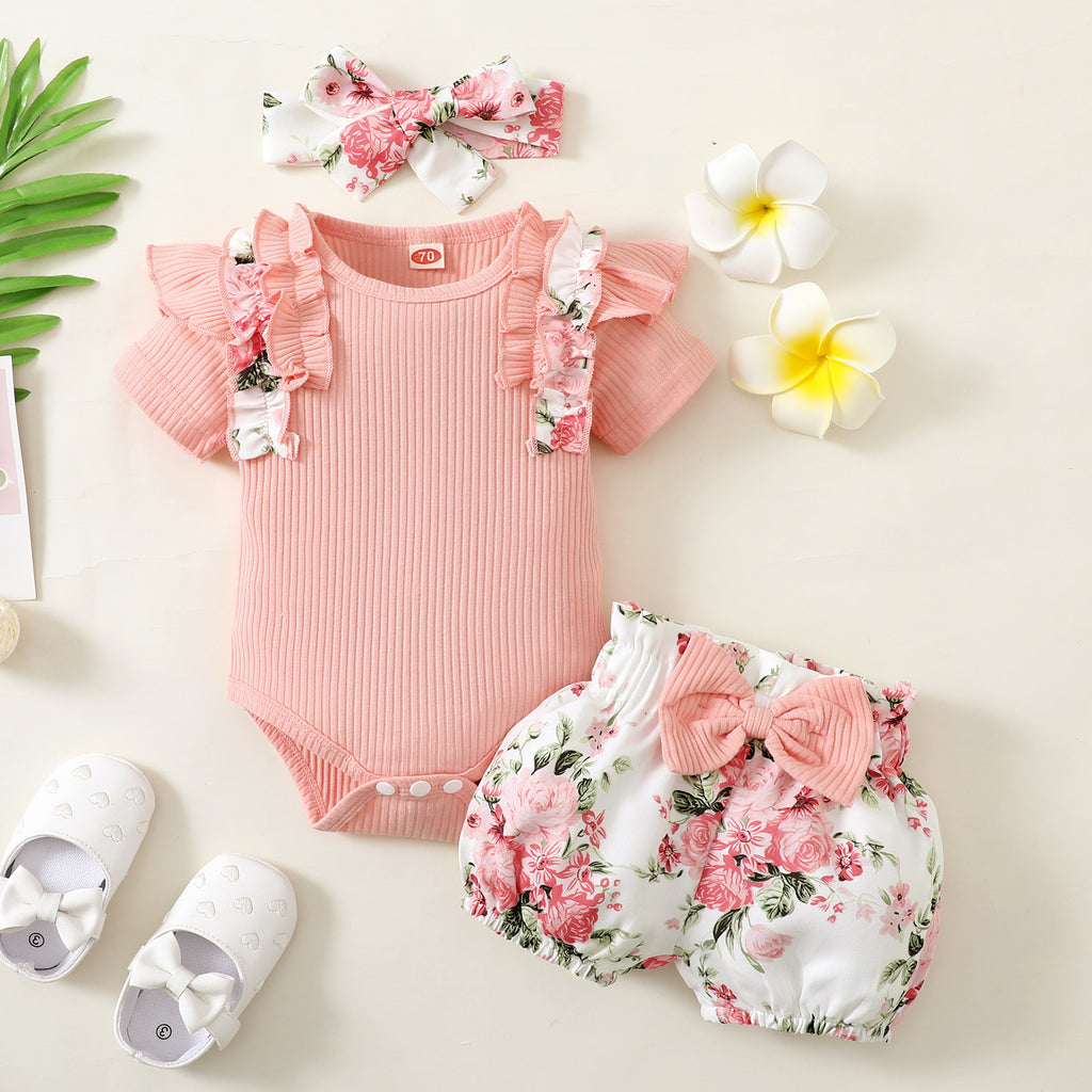 Baby/Toddler Sunken Stripe Cotton And Printed Shorts Plus Belt Fashion Style