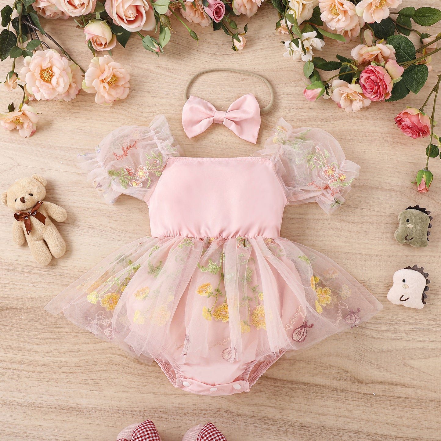 Multi-color Embroidered Skirt Lace Mesh Onesie With Headband