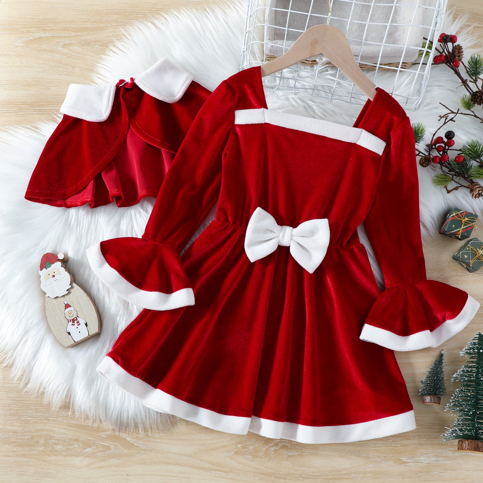 Christmas Red Solid Color Cloak Bow Dress