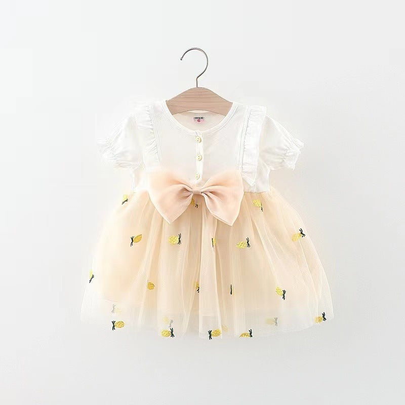 Baby/Toddler Solid Color Pineapple Mesh Stitching Dress