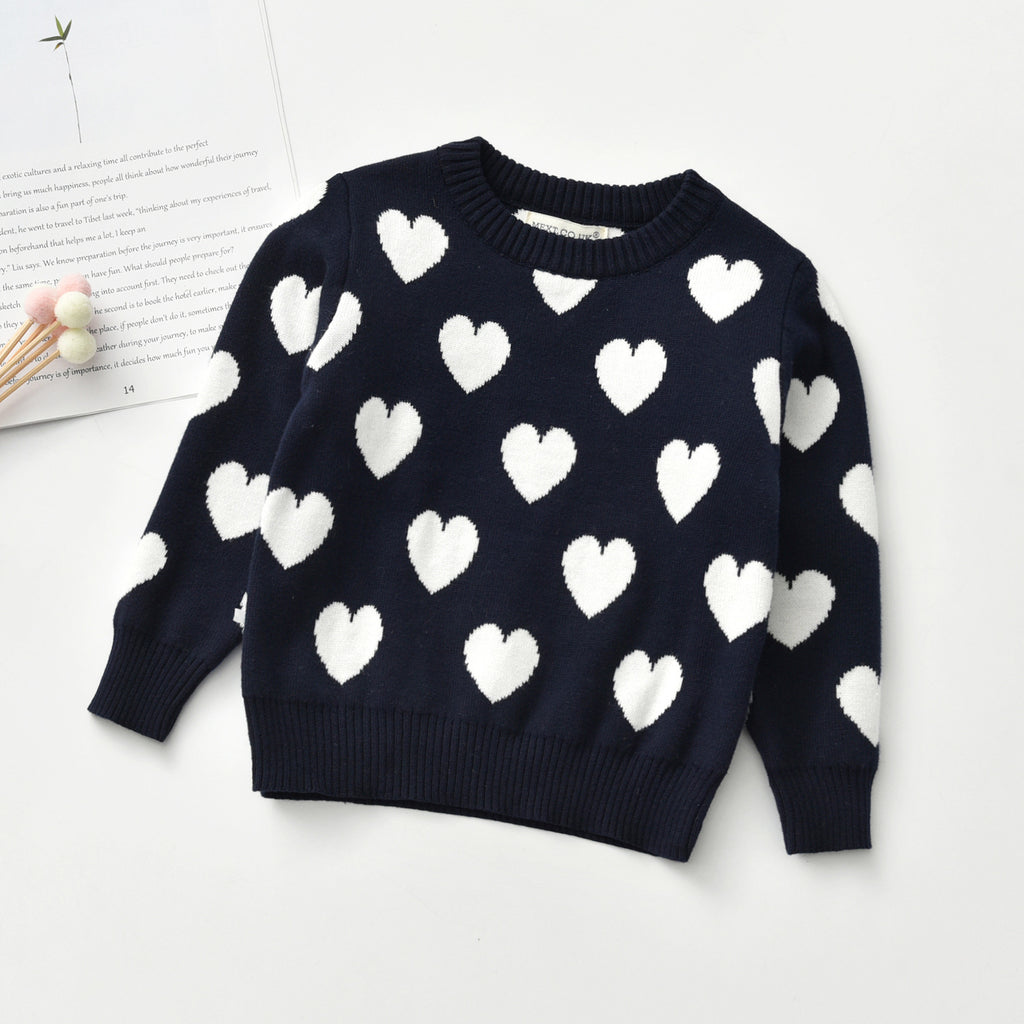 Heart Round Neck Long Sleeve Girl's Sweater