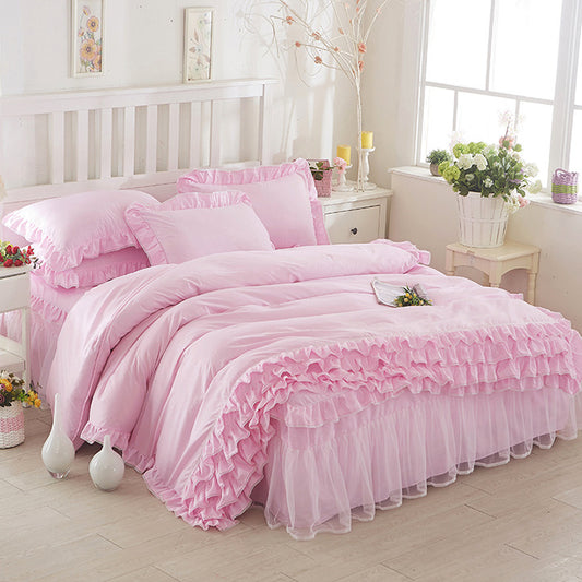 Princess Girls' Lace Bed Skirt-style, Duvet Cover 4pc Set, Solid Color Lace, Comes In Multiple Colors