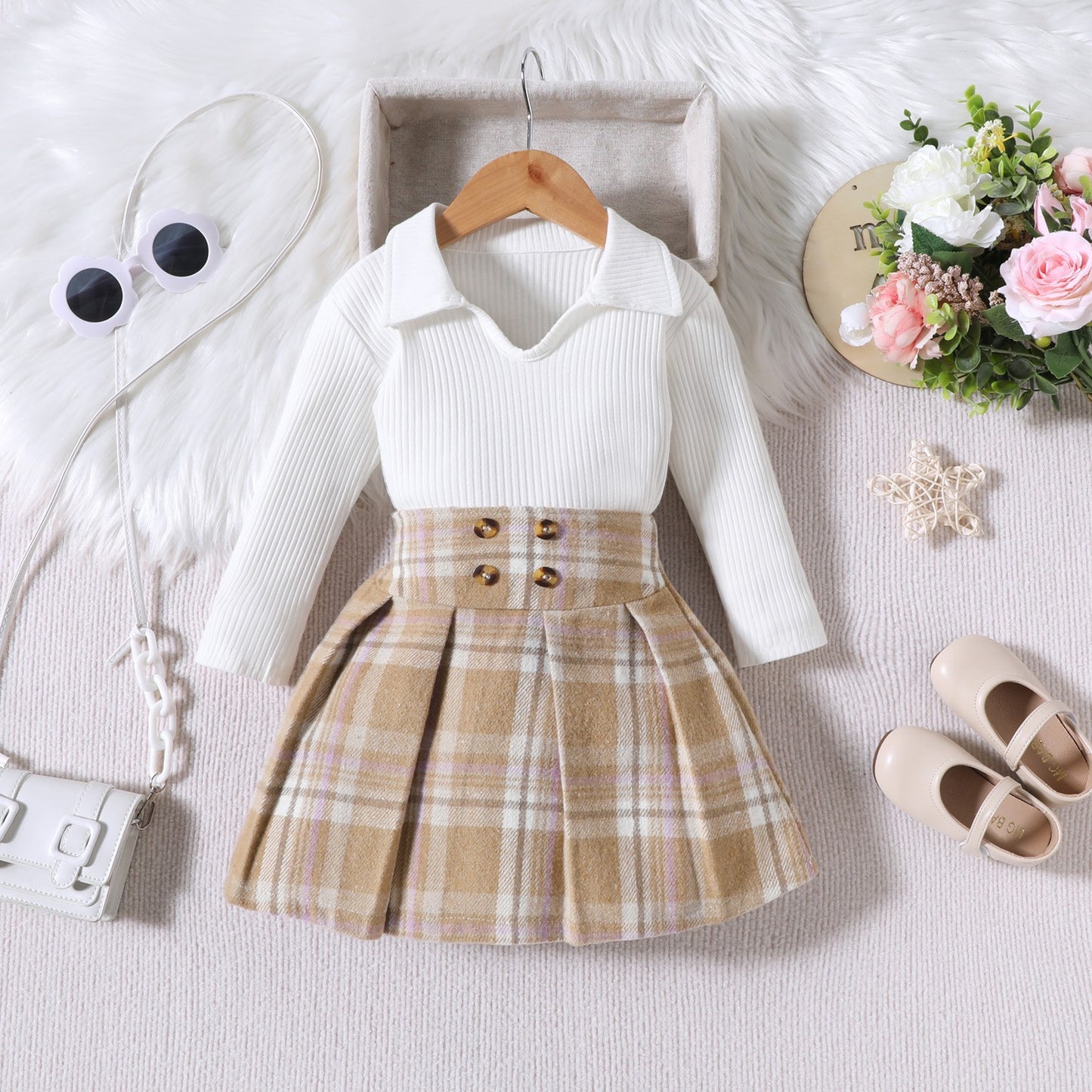 Children's Striped Long Sleeve With College Style Plaid Pleated Short Skirt 2pc Suit