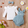 White Long Sleeve Top, Overall Onesie, Headband 3pc Set