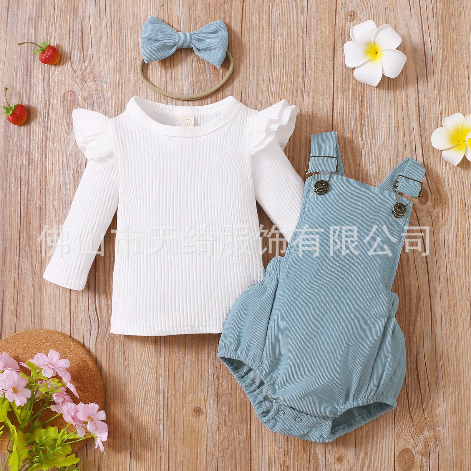 White Long Sleeve Top, Overall Onesie, Headband 3pc Set