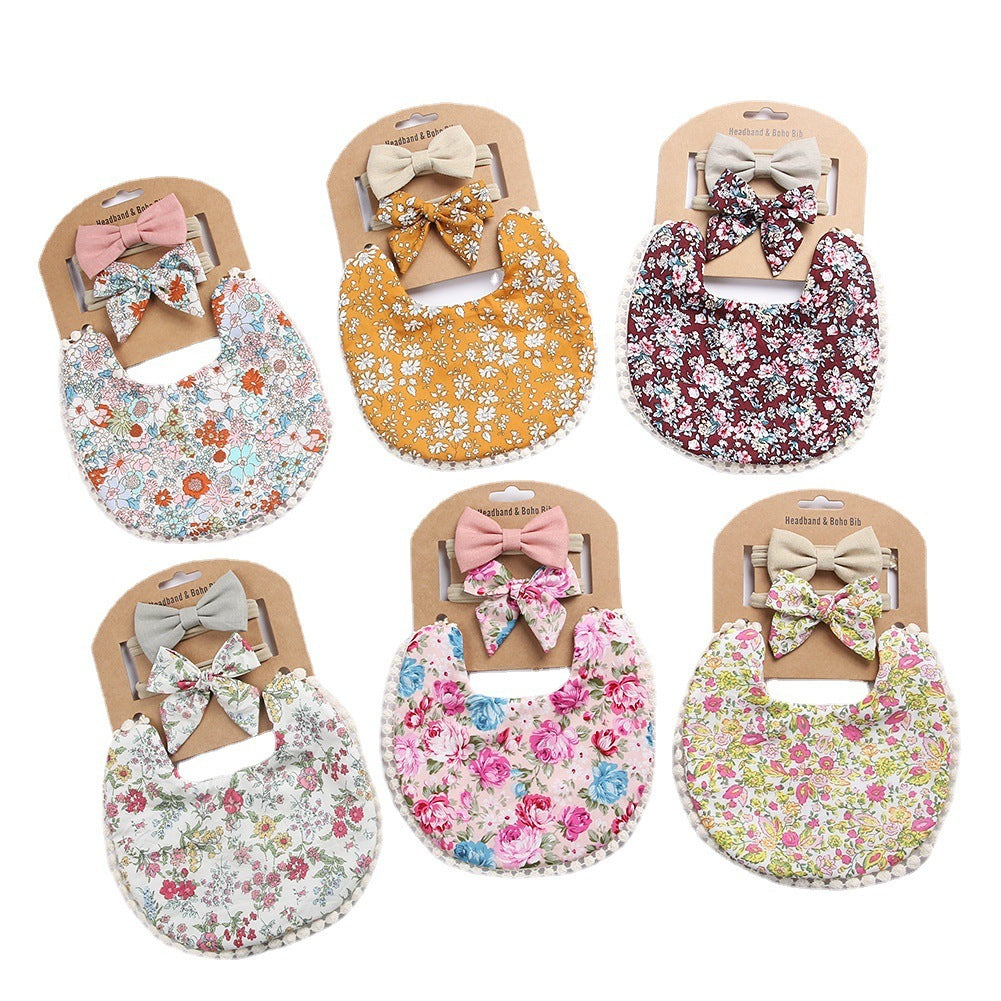 Newborn Baby Cute Floral Cotton Saliva Bib With Headband Set