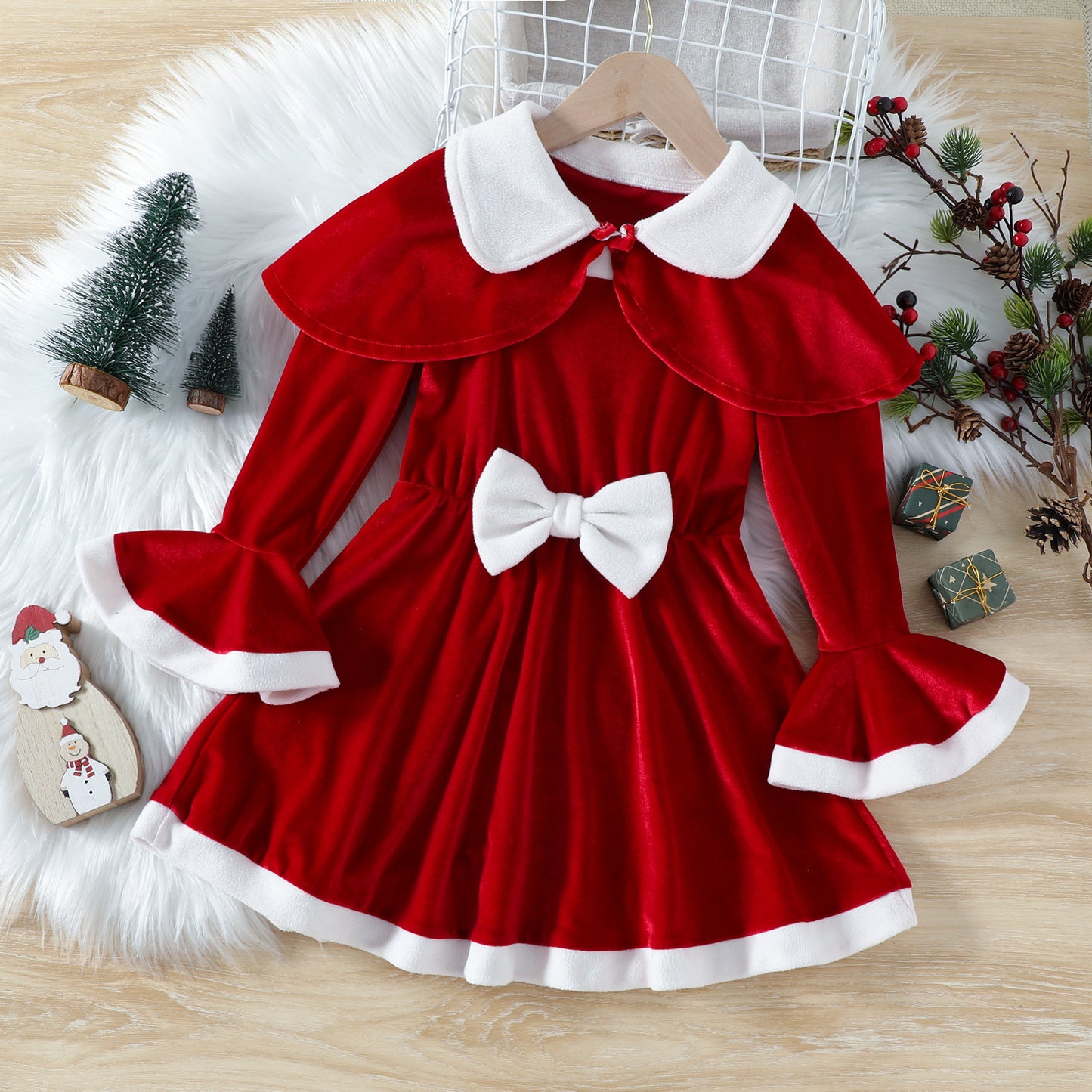 Christmas Red Solid Color Cloak Bow Dress