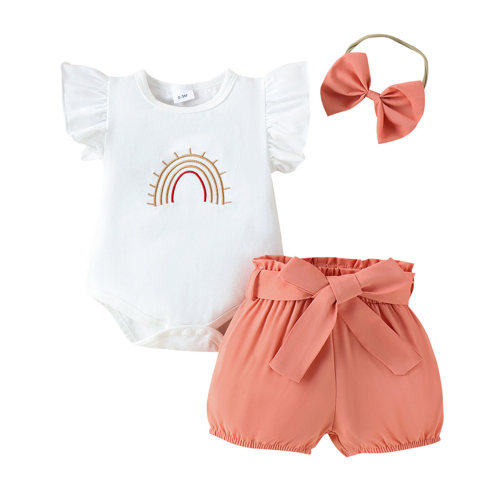 Girls' White Rainbow Embroidered Romper Shorts Set