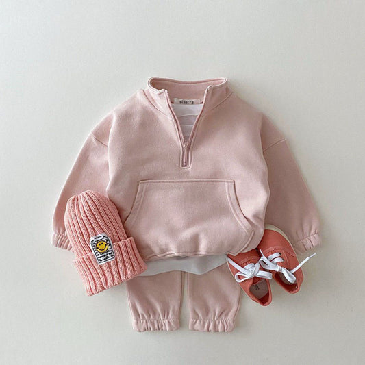 Girls' Solid Pink Sweatsuit Zipper Open Stand Collar