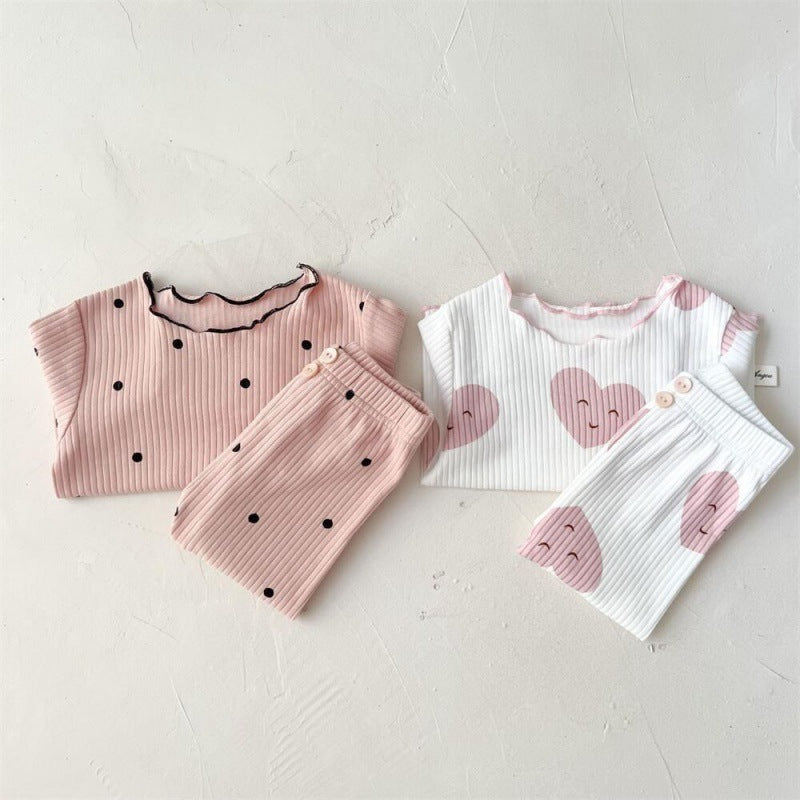 Girls' Long Sleeved Home Wear Pajamas With Wooden Ear Edge Set