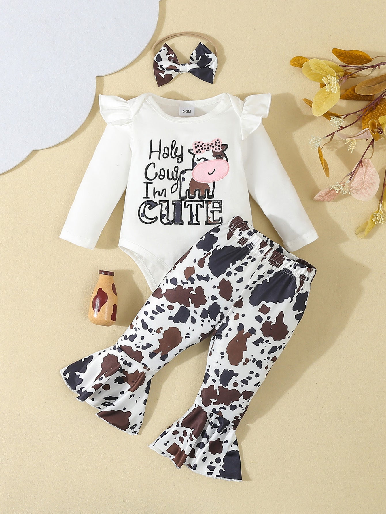 Baby Girl Cartoon Animal Flower Bell-bottom Pants Long Sleeve Headdress Three-piece Set