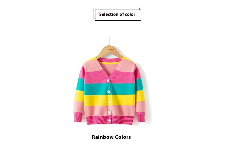 Girls' Cotton Sweater, Rainbow Striped Cardigan