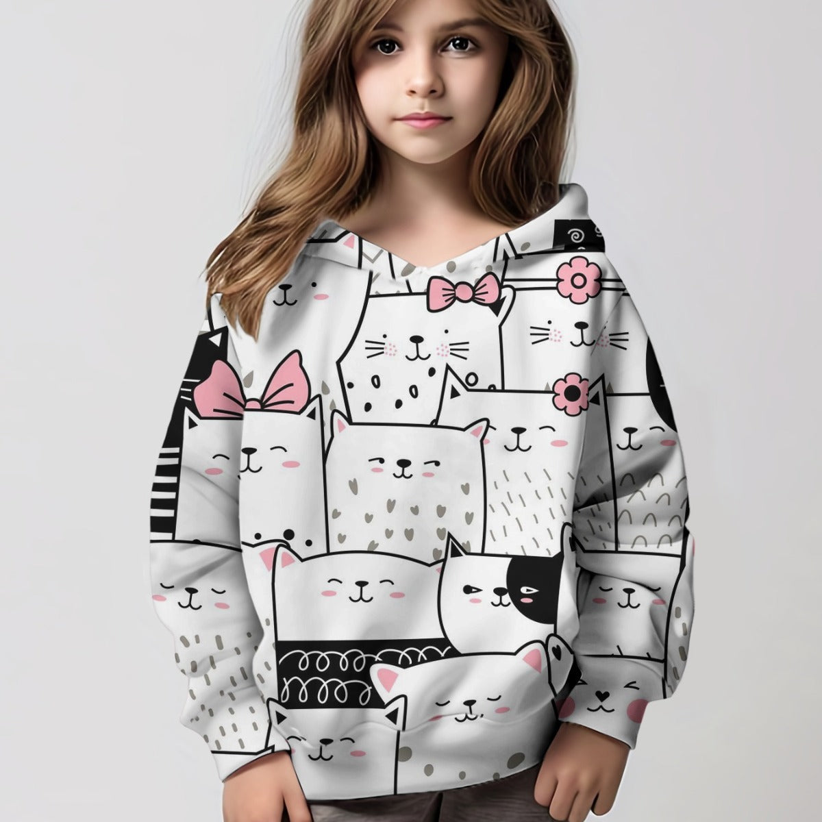 Girls' Cartoon Cat Hoodie Long-sleeved Sweater