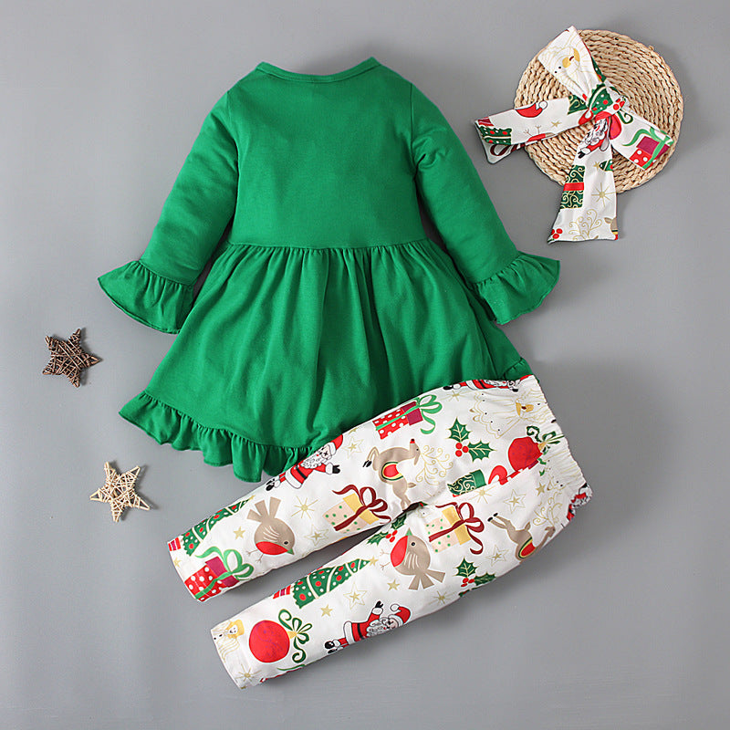 Girls' Christmas Dress, Printed Trousers, Hair Band 3 Pieces Set