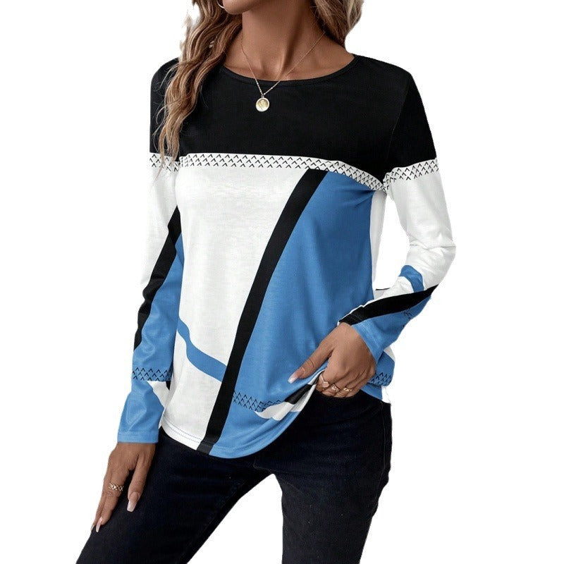 Pullover Round Neck Contrast Colour Stitching Geometric Print Top