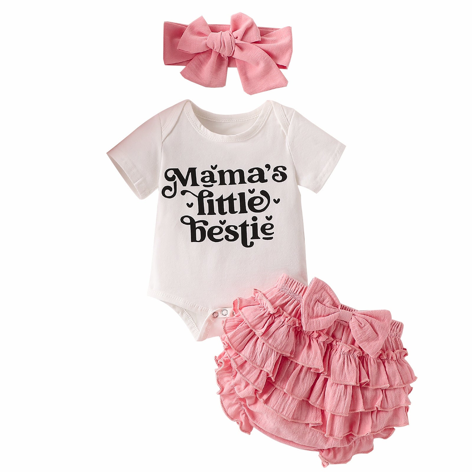 Summer Baby Girl Letter Print Short Sleeve Onesie, Short Skirt & Headband