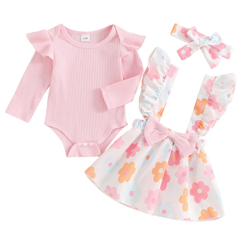 Baby Girl's Simple 3pc Onsie Bow Floral Suspender Skirt