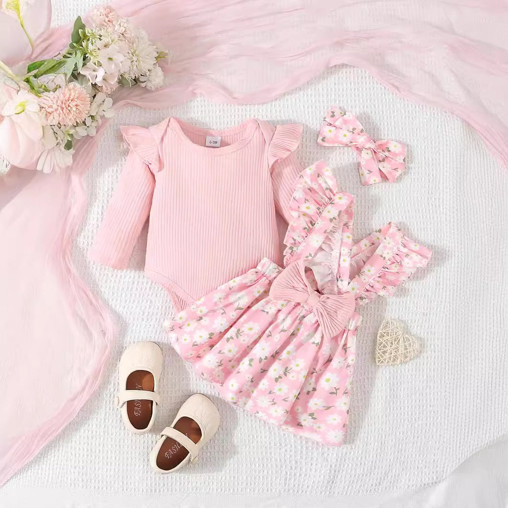 Baby Girl's Simple 3pc Onsie Bow Floral Suspender Skirt