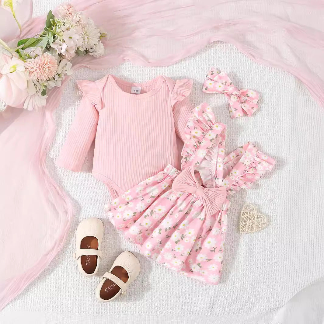 Baby Girl's Simple 3pc Onsie Bow Floral Suspender Skirt