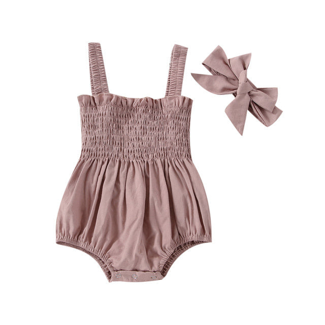 Baby Girl Summer Onesie & Bow Set Jumpsuit Outfit Solid Color