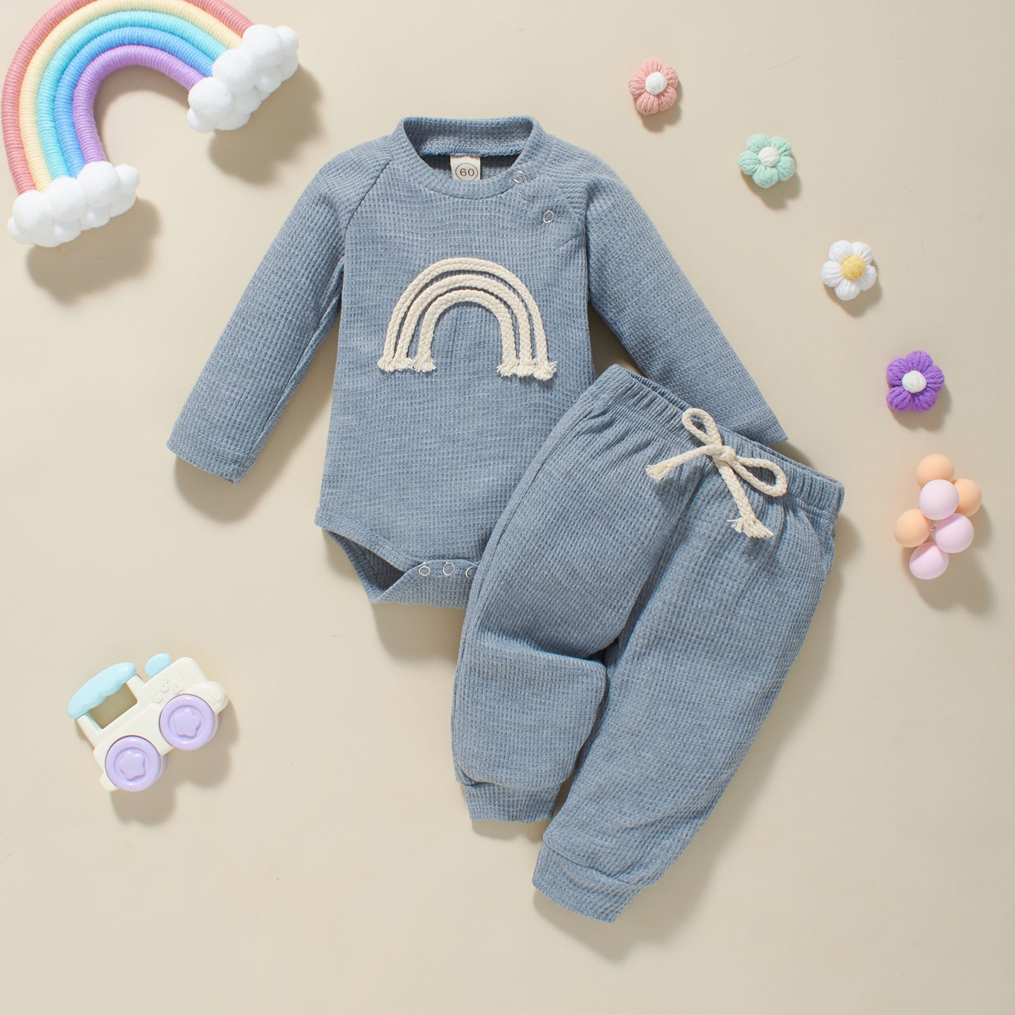 Autumn And Winter Infant Toddler Five-color Embroidered Rainbow Onesie Two-piece Set