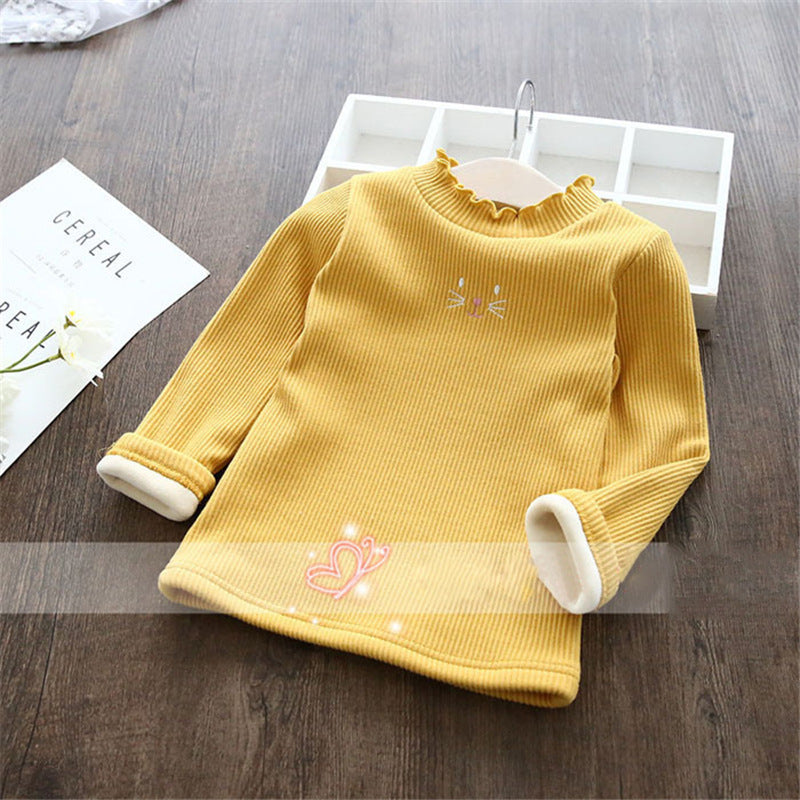 Girls' Fleece-lined Wooden Ear Thickened Thermal Shirt