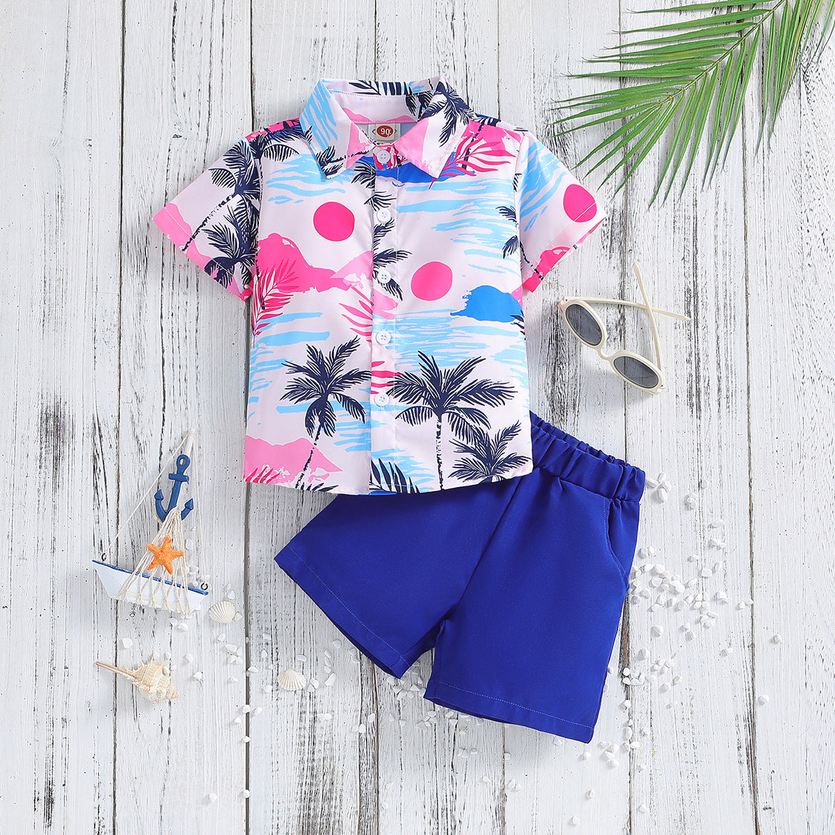 New Boys' Tropical Short-sleeved Printed Shirt And Shorts Two-piece Set