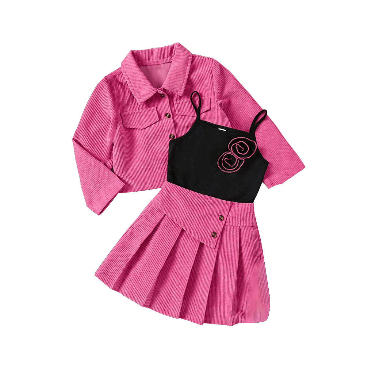 Girls' Spring Autumn Corduroy Short Skirt Sling Three-piece Set