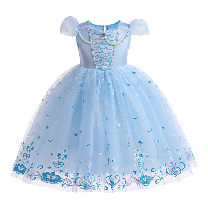 Girls' Elsa Cosplay Dress, Short-sleeved Puff Sleeve Dress, Theme Party Dress