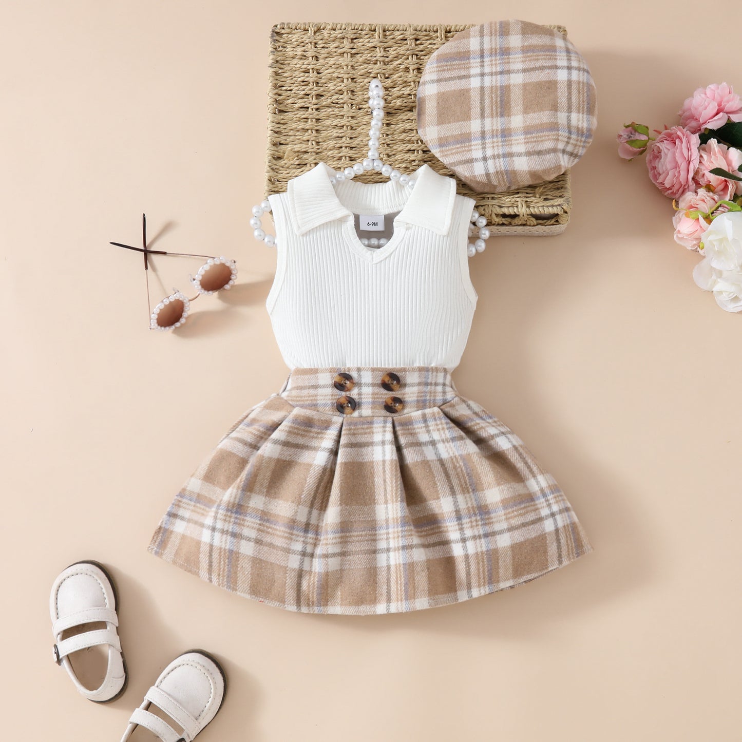 Girls' Fashion Beret Top Tartan Skirt 3pc Suit