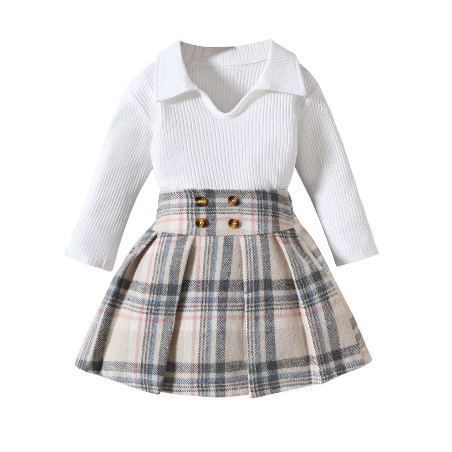 Children's Striped Long Sleeve With College Style Plaid Pleated Short Skirt 2pc Suit