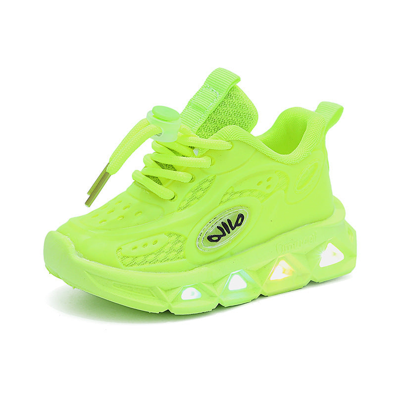 Neon green sneaker with a brand logo on a white background