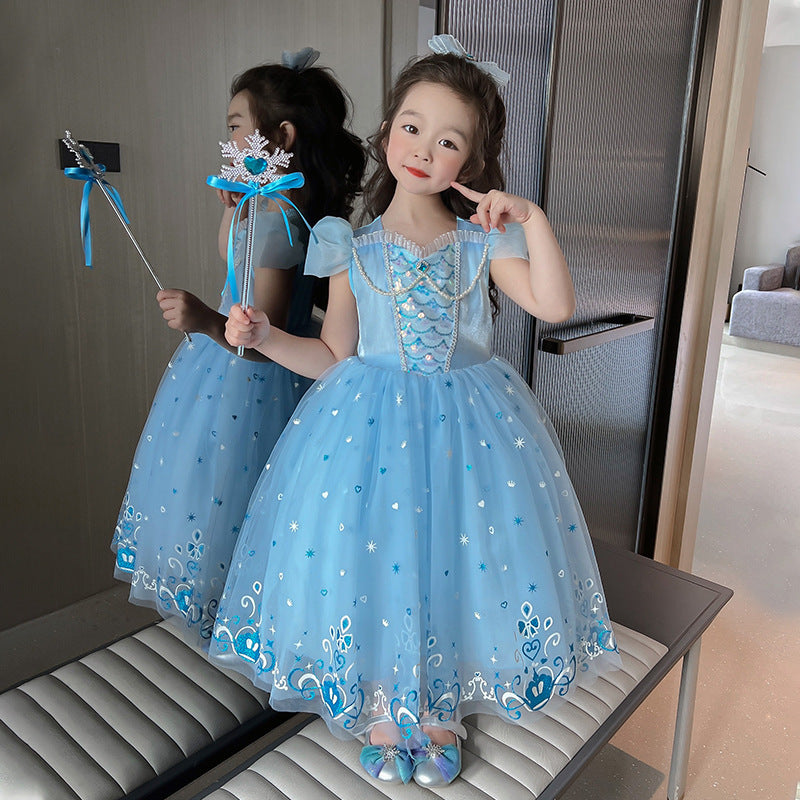 Girls' Elsa Cosplay Dress, Short-sleeved Puff Sleeve Dress, Theme Party Dress