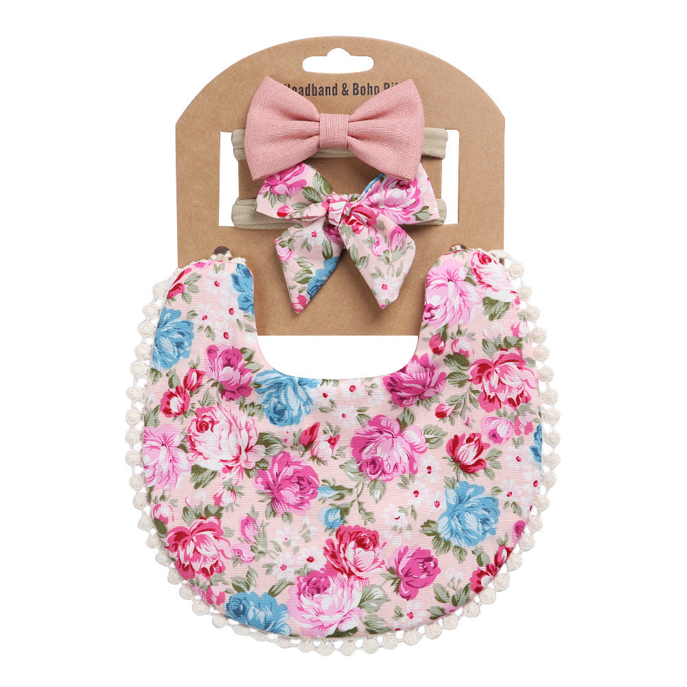 Newborn Baby Cute Floral Cotton Saliva Bib With Headband Set