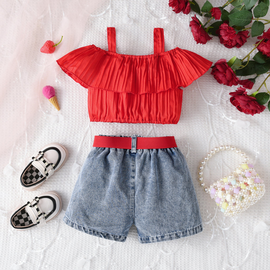 Girls' Off-Shoulder Top & Denim Shorts Set