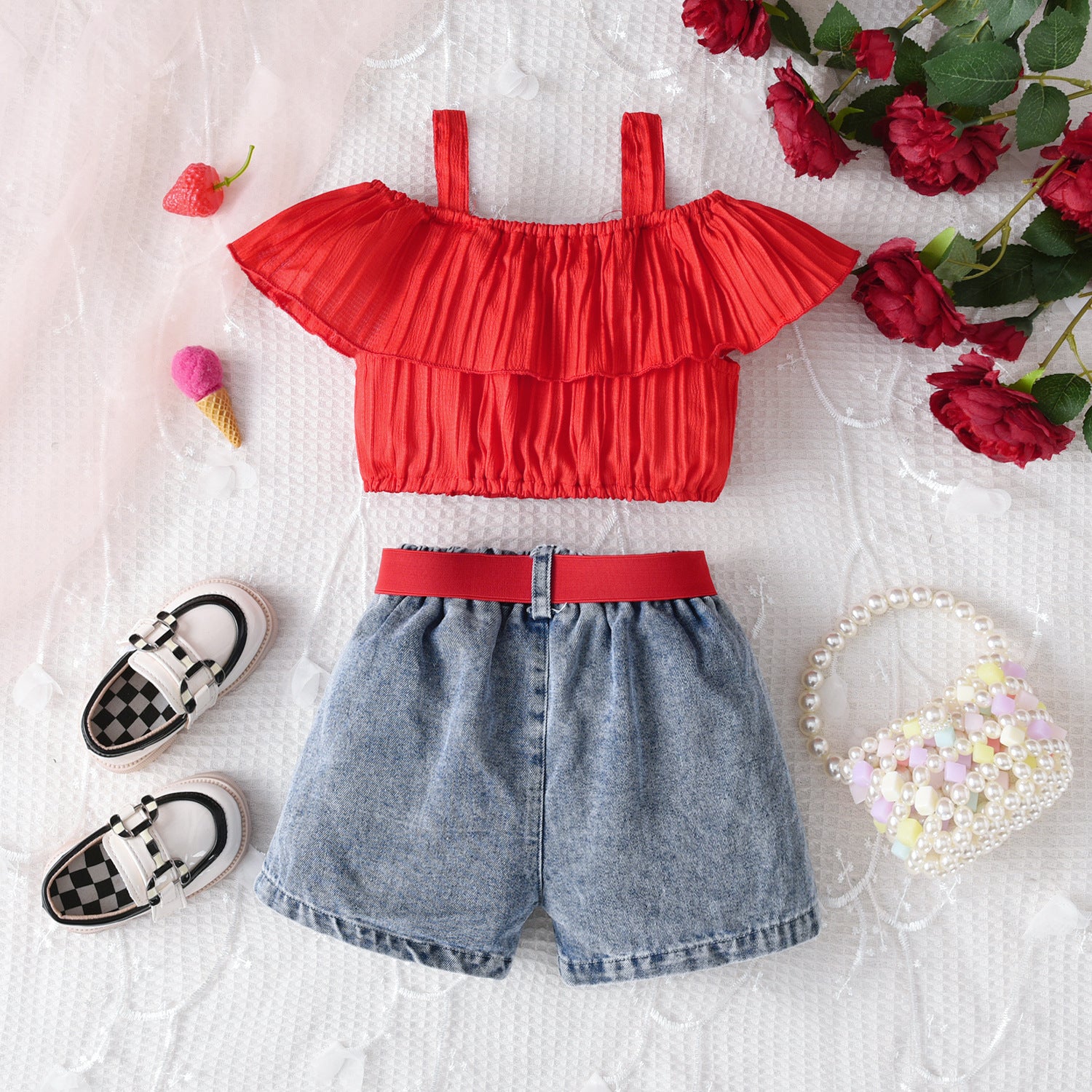 Girls' Off-Shoulder Top & Denim Shorts Set