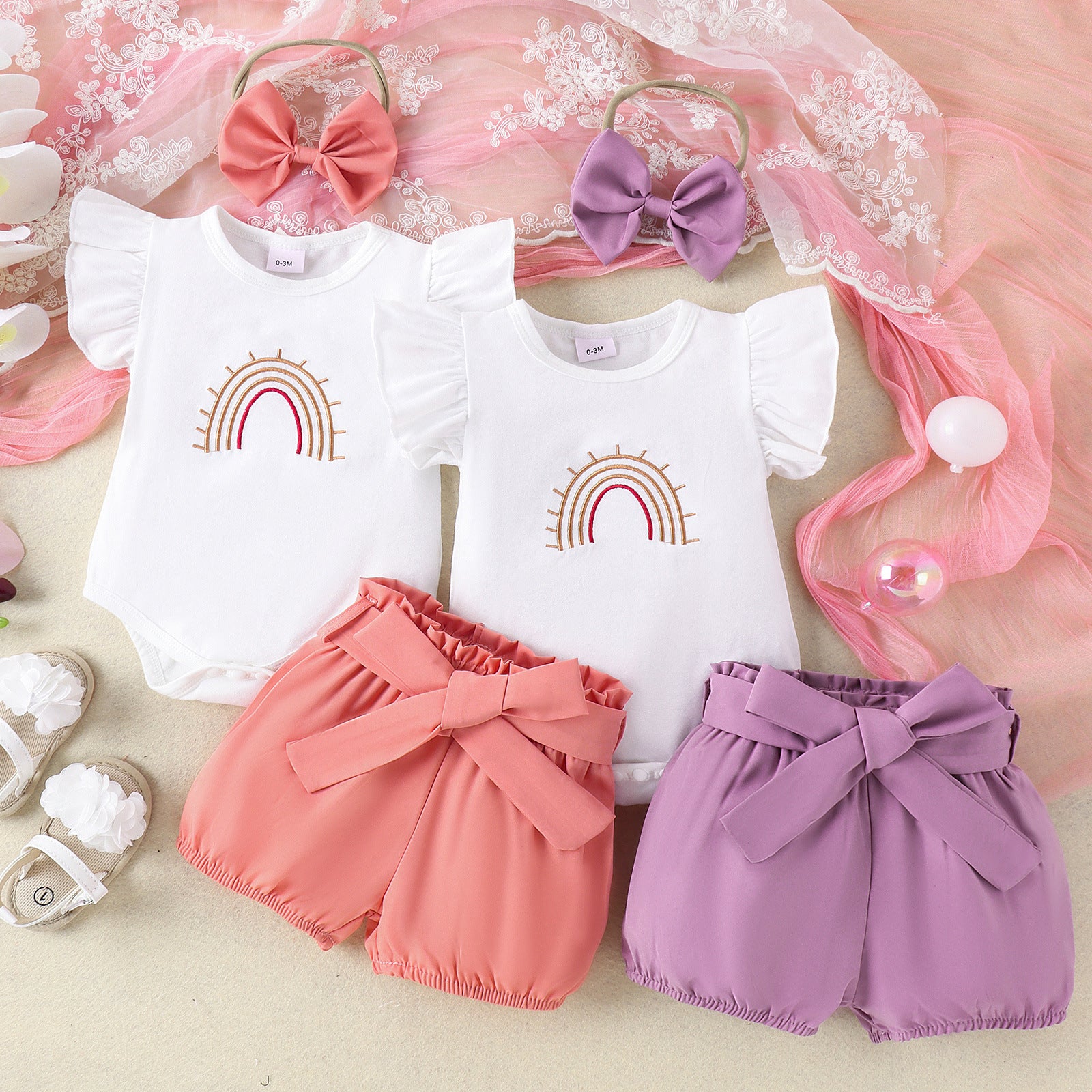 Girls' White Rainbow Embroidered Romper Shorts Set