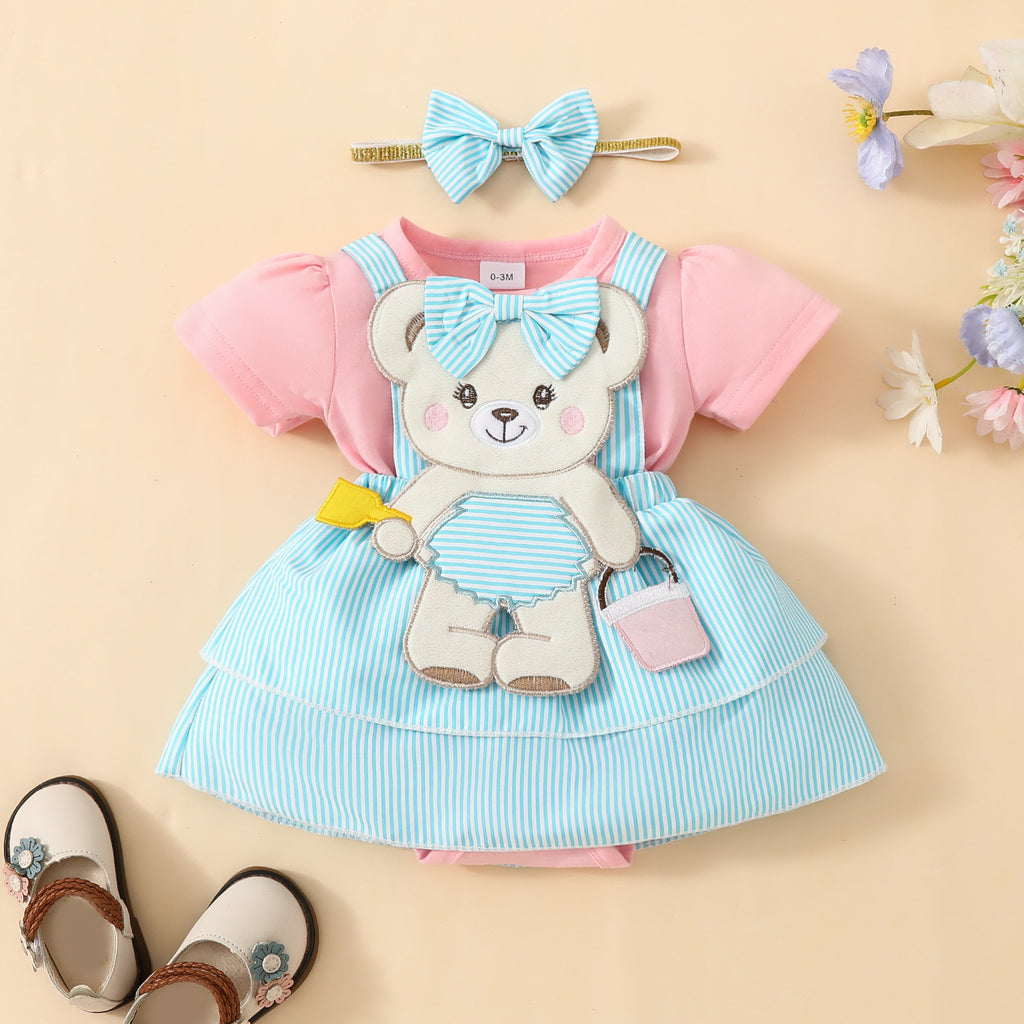Baby Bear Embroidered Fake Suspender Skirt Short Sleeve Triangle Baby Dress