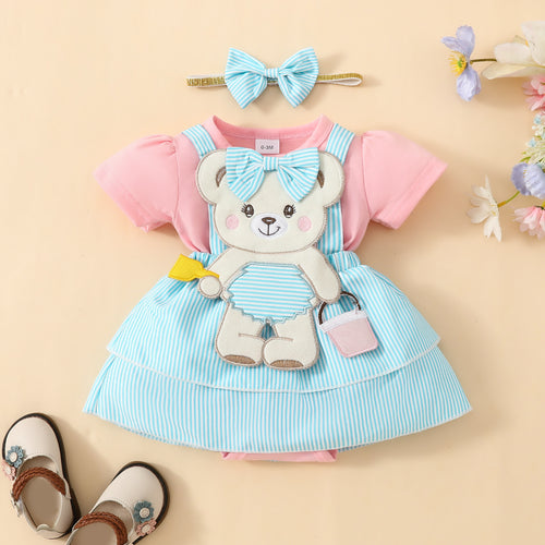 Baby Bear Embroidered Fake Suspender Skirt Short Sleeve Triangle Baby Dress