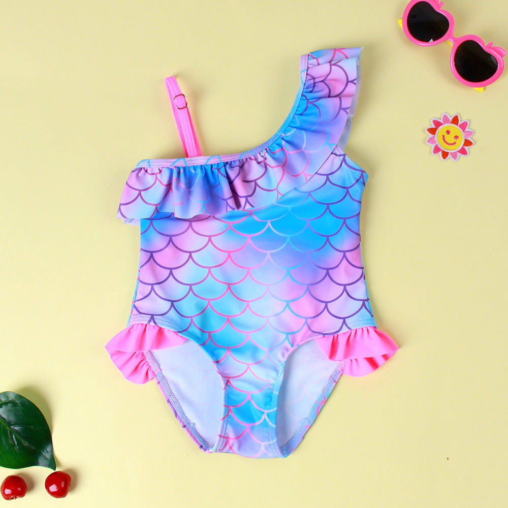 Girls' Scale Printed Flounced Gradient One-piece Swimsuit