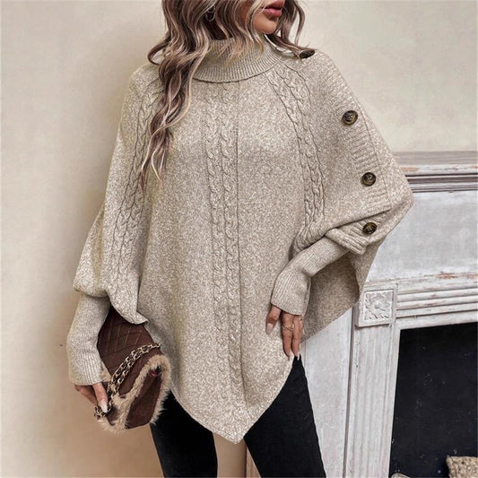 Turtleneck Buttons Decorative Long Sleeve Poncho