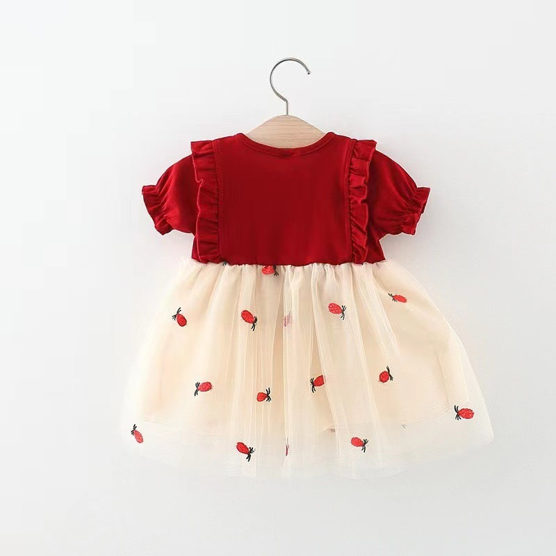 Baby/Toddler Solid Color Pineapple Mesh Stitching Dress