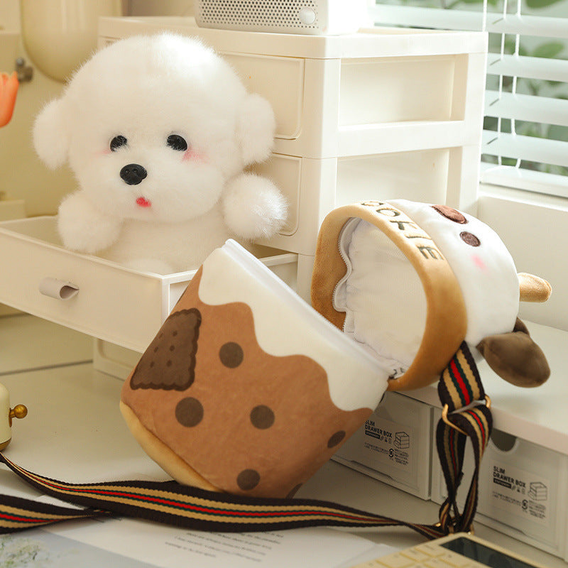 Milky Tea Cup Dog Crossbody Shoulder Bag Doll Plush Toy