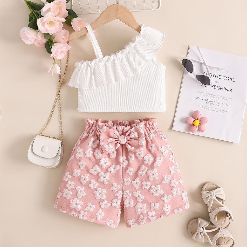 Girl's Summer Oblique Shoulder Tops Floral Shorts 2pc Set