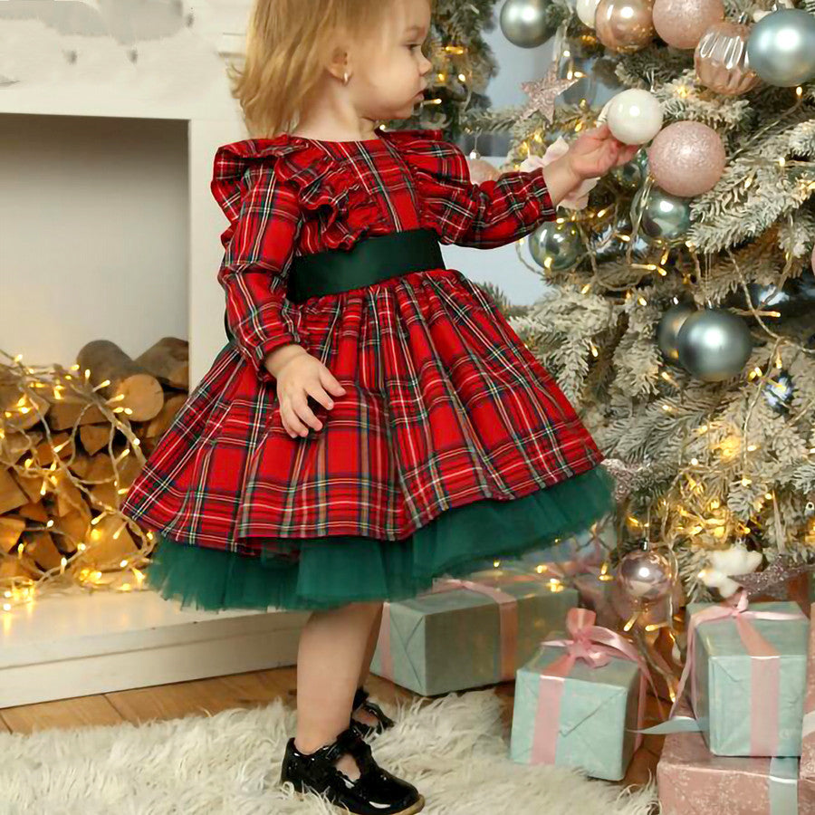 Girls' Children's Red Plaid Bow Christmas Dress